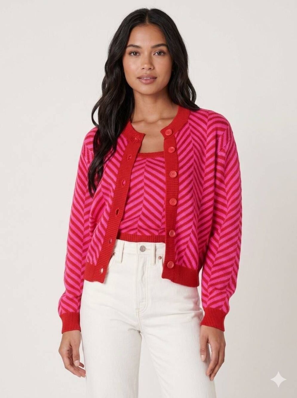 🔹️NWT Red & Pink Chevron Sleeveless Crop Top & Balloon Sleeve Sweater Set XLarg